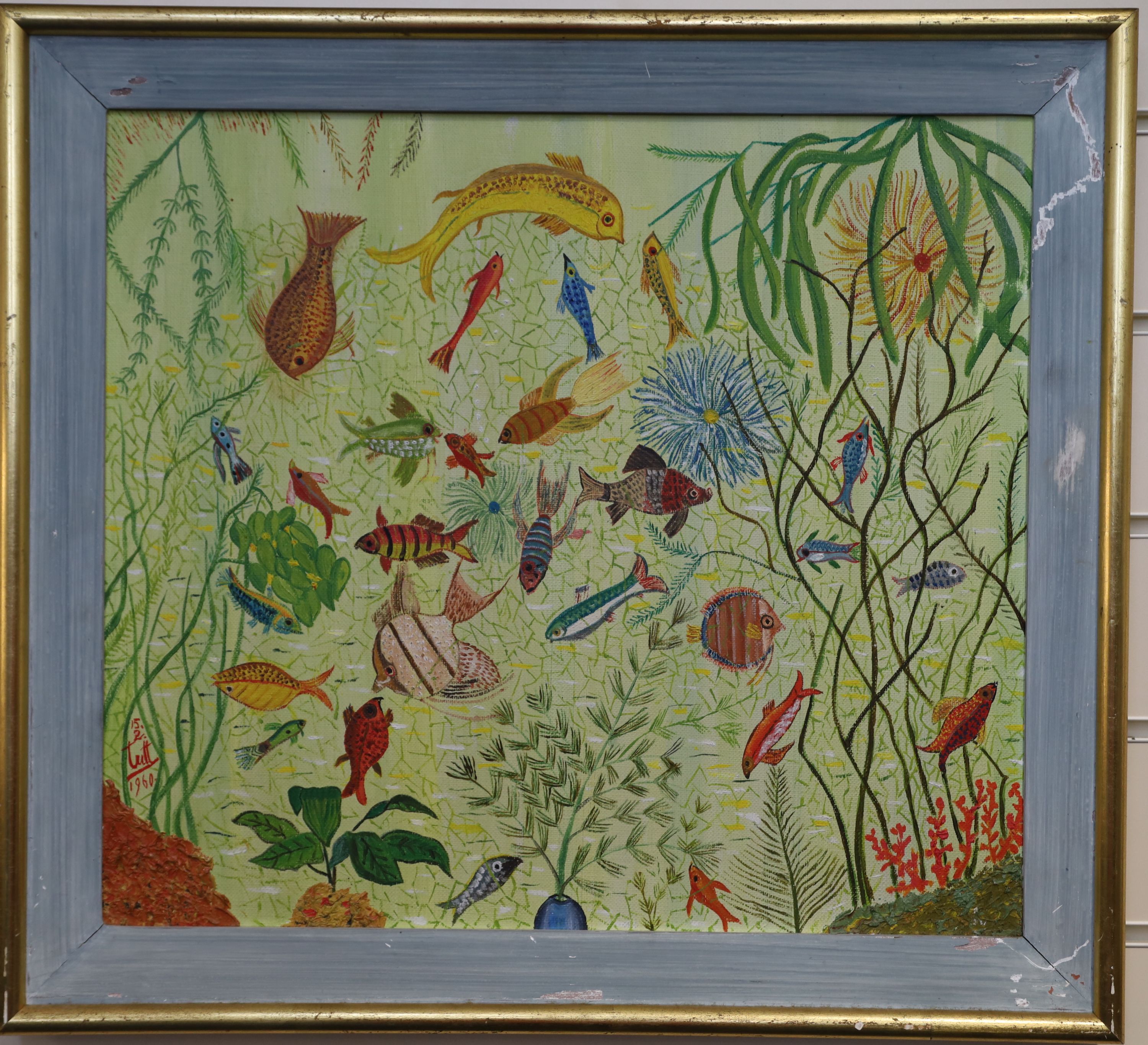 Tutt Flowers on a blue ground and Aquatic scene 50.5 x 61cm and 39.75 x 45.75cm
